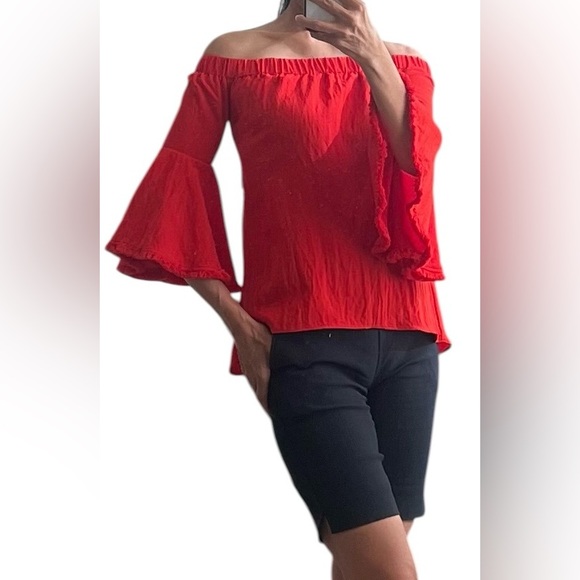 Off-the-Shoulder Red 3/4 Flamenco Bell Sleeve Top Size fits like XS* Boho - Picture 1 of 12